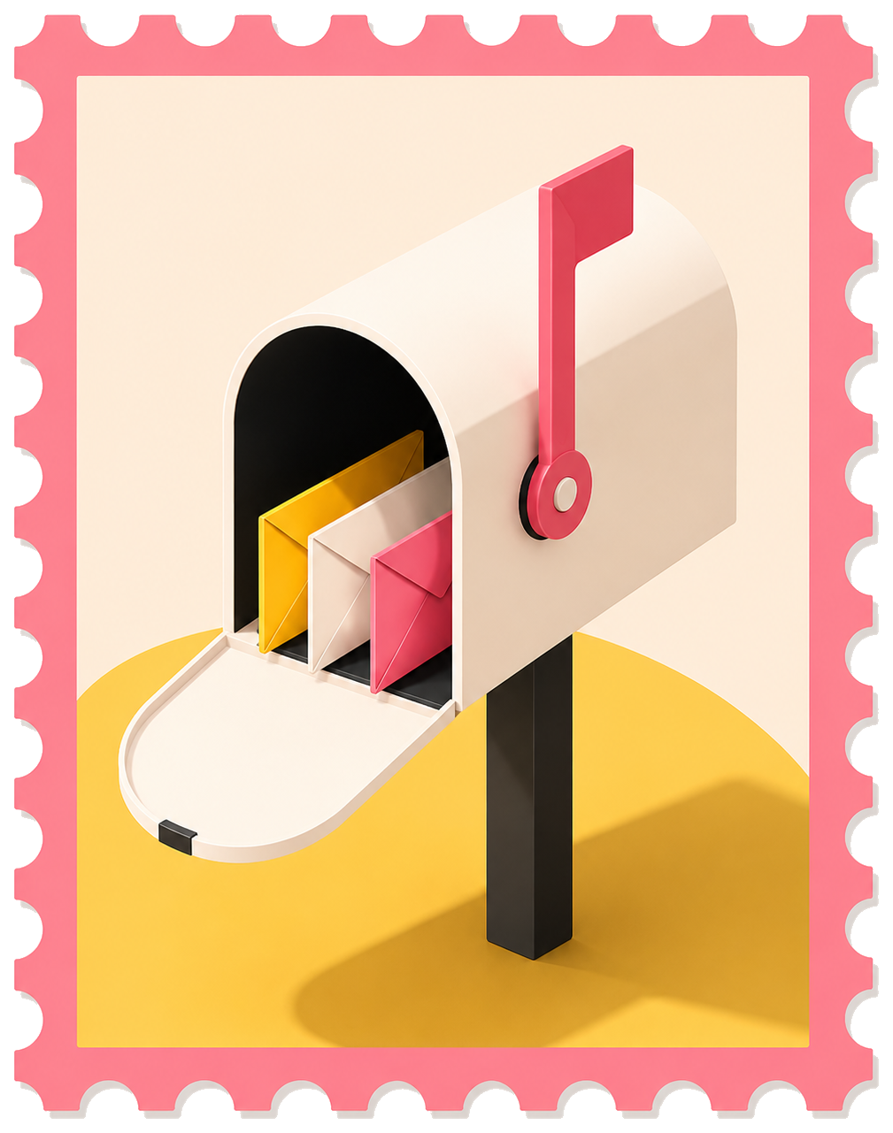 Bil Bareed postage stamp illustration of a mailbox with colorful envelopes