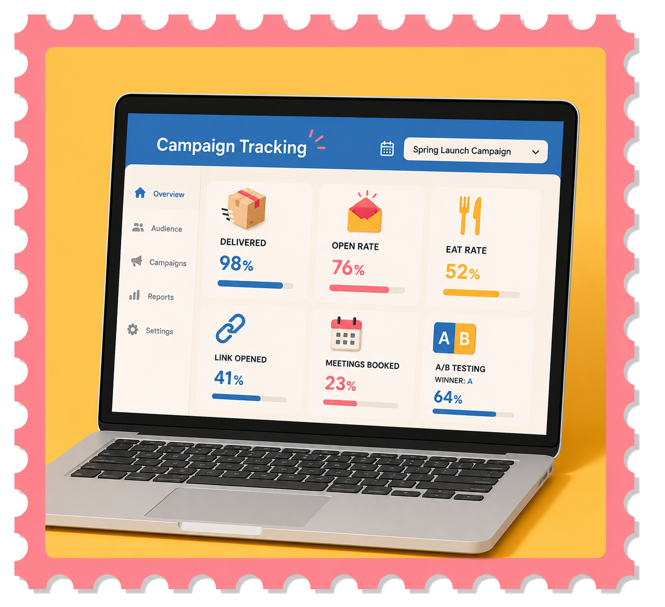 Postage stamp illustration of a laptop dashboard tracking campaign performance